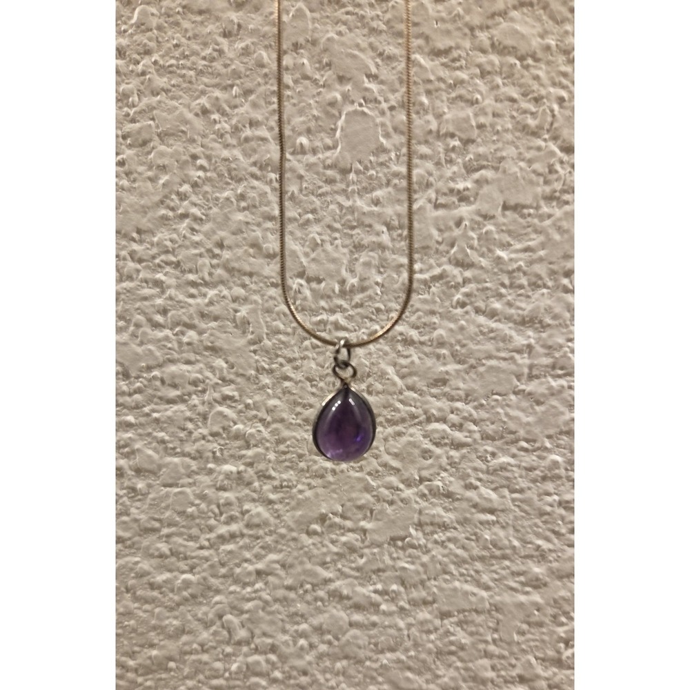 Vintage Sterling & Amethyst Tear‎ Drop Pendant Snake Brade Chain 925 Italy 18"
